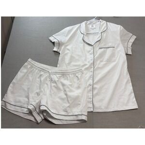 SS Weddings Womens White Pajama‎ Set Short Sleeve Shirt and Shorts Grey Piping S